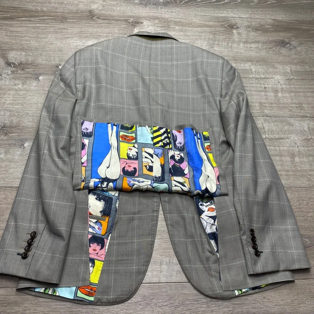 Holland & Sherry Blazer Mens 38R Grey Windowpane Pop Art Comic Lining Sport Coat